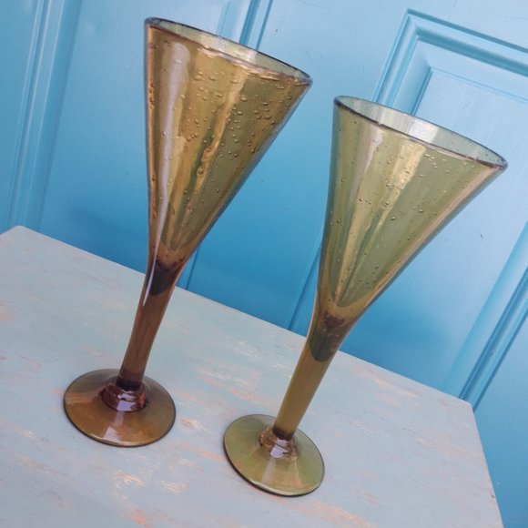 Vintage Golden Wine Goblets Bubble Glass Handmade Signed French Artist France - Picture 14 of 16